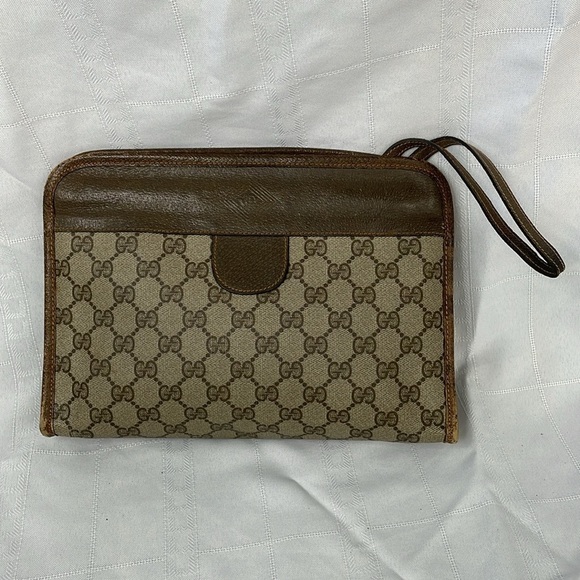 Vintage Gucci Monogram GG Supreme Canvas Leather Clutch Wristlet Bag Hinge - Picture 1 of 17